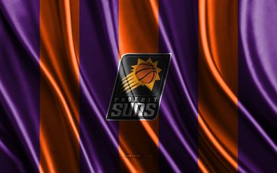 4k, phoenix suns, nba, trama di seta viola-arancione, bandiera phoenix suns, squadra di basket americana, basket, bandiera di seta, emblema phoenix suns, usa, distintivo phoenix suns