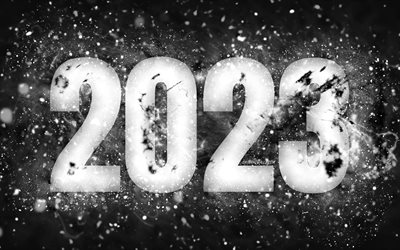 4k, Happy New Year 2023, white neon lights, 2023 concepts, 2023 Happy New Year, neon art, creative, 2023 black background, 2023 year, 2023 black digits