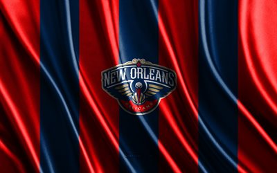 4k, New Orleans Pelicans, NBA, blue red silk texture, New Orleans Pelicans flag, basketball, silk flag, New Orleans Pelicans emblem, USA, New Orleans Pelicans badge