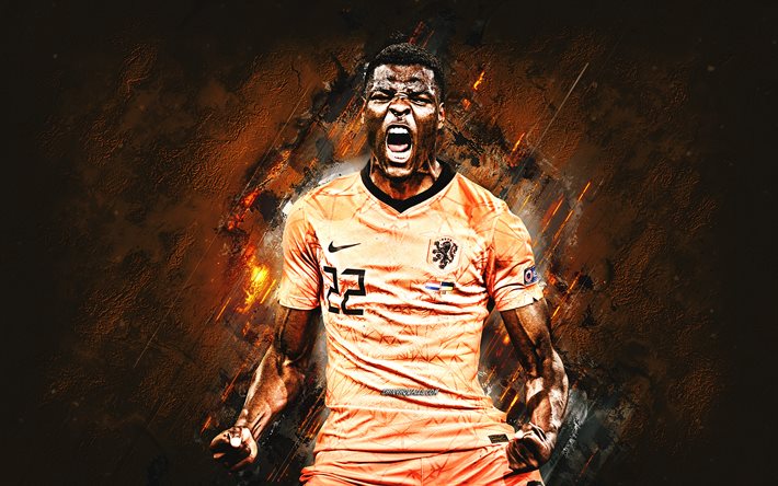 Denzel Dumfries, Netherlands national football team, portrait, grunge art, orange stone background, Dutch football player, Netherlands, football