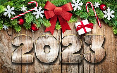 4k, 2023 feliz año nuevo, dígitos de vidrio dorado, adornos navideños, 2023 conceptos, feliz navidad, 2023 dígitos 3d, feliz año nuevo 2023, creativo, año 2023, fondo de madera 2023