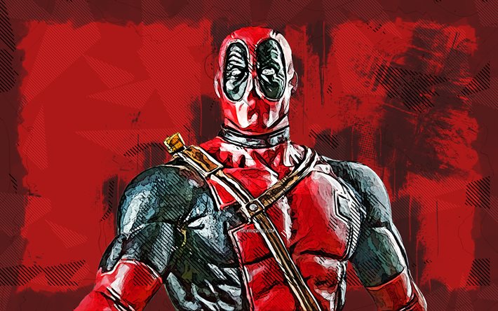 4k, Deadpool, grunge art, Marvel Comics, Wade Winston Wilson, red grunge background, picture with Deadpool, antiheroes, Deadpool art, Deadpool 4K