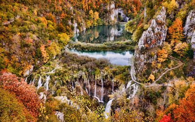 laghi di plitvice, autunno, vista aerea, laghi, paesaggio autunnale, alberi gialli, laghi di plitvice in autunno, cascate, parco nazionale dei laghi di plitvice, contea di karlovac, croazia