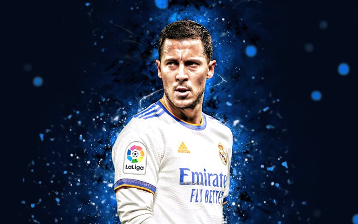 Eden Hazard, 4k, Real Madrid FC, blue neon lights, soccer, belgian footballers, La Liga, Eden Hazard 4K, football, Real Madrid CF, LaLiga, Eden Hazard Real Madrid