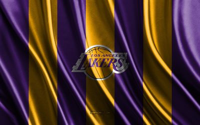 4k, Los Angeles Lakers, NBA, purple yellow silk texture, Los Angeles Lakers flag, American basketball team, basketball, silk flag, Los Angeles Lakers emblem, USA, Los Angeles Lakers badge