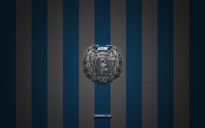 daegu fc logo, south coréen football club, k league 1, blue white carbon background, daegu fc emblem, football, daegu fc, corée du sud, daegu fc silver metal logo