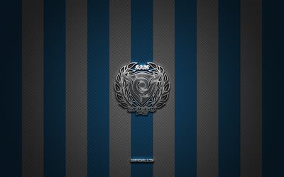 Daegu FC logo, South Korean football club, K League 1, blue white carbon background, Daegu FC emblem, football, Daegu FC, South Korea, Daegu FC silver metal logo