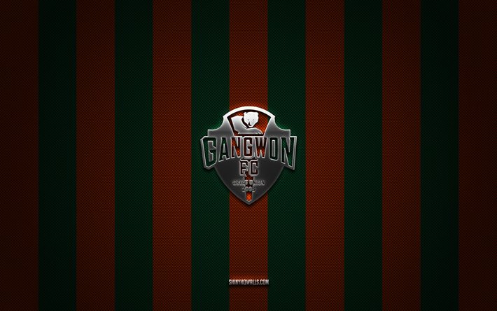 Gangwon FC logo, South Korean football club, K League 1, green-orange carbon background, Gangwon FC emblem, football, Gangwon FC, South Korea, Gangwon FC silver metal logo