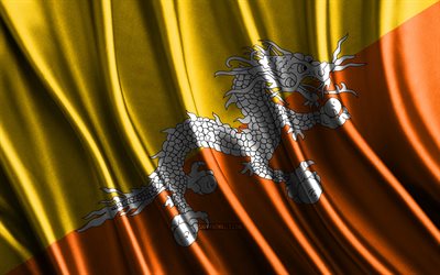 drapeau du bhoutan, 4k, drapeaux de soie 3d, pays d asie, jour du bhoutan, vagues de tissu 3d, drapeaux ondulés en soie, pays asiatiques, symboles nationaux du bhoutan, bhoutan, asie