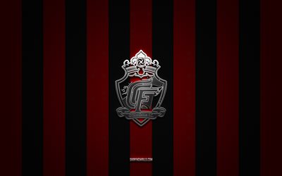 gyeongnam fc logo, south coréen football club, k league 1, red black carbon background, gyeongnam fc emblem, football, gyeongnam fc, corée du sud, gyeongnam fc silver metal logo