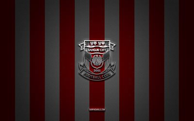 gimcheon sangmu fc logo, club di calcio sudcoreano, k league 1, red white carbon background, gimcheon sangmu fc emblem, football, gimcheon sangmu fc, corea del sud, gimcheon sangmu fc silver metal logo