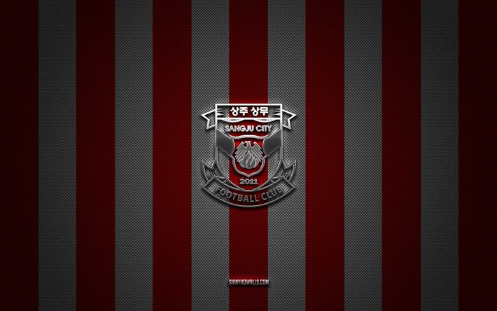 gimcheon sangmu fc logo, club di calcio sudcoreano, k league 1, red white carbon background, gimcheon sangmu fc emblem, football, gimcheon sangmu fc, corea del sud, gimcheon sangmu fc silver metal logo