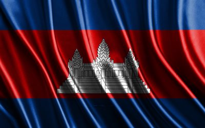 bandeira do camboja, 4k, bandeiras de seda 3d, países da ásia, dia do camboja, ondas de tecido 3d, bandeiras onduladas de seda, países asiáticos, símbolos nacionais cambojanos, camboja, ásia