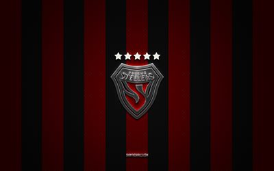 Pohang Steelers logo, South Korean football club, K League 1, red black carbon background, Pohang Steelers emblem, football, Pohang Steelers, South Korea, Pohang Steelers silver metal logo