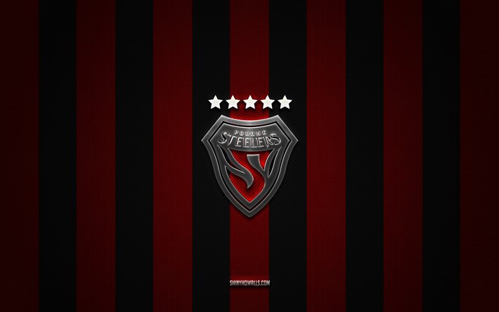 Pohang Steelers logo, South Korean football club, K League 1, red black carbon background, Pohang Steelers emblem, football, Pohang Steelers, South Korea, Pohang Steelers silver metal logo