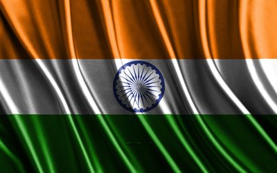bandera de la india, 4k, banderas 3d de seda, países de asia, día de la india, olas de tela 3d, bandera india, banderas onduladas de seda, países asiáticos, símbolos nacionales indios, india, asia