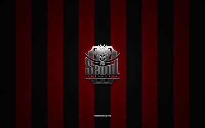FC Seoul logo, South Korean football club, K League 1, red black carbon background, FC Seoul emblem, football, FC Seoul, South Korea, FC Seoul silver metal logo