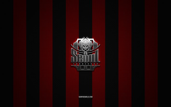 logo fc seoul, club di calcio sudcoreano, k league 1, red black carbon background, fc seoul emblem, football, fc seoul, corea del sud, fc seoul silver metal logo