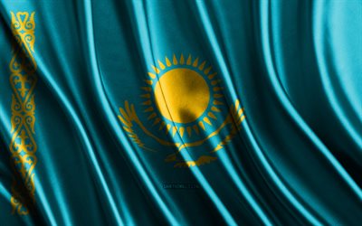 drapeau du kazakhstan, 4k, drapeaux de soie 3d, pays d asie, jour du kazakhstan, vagues de tissu 3d, drapeau kazakh, drapeaux ondulés en soie, pays asiatiques, symboles nationaux du kazakh, kazakhstan, asie