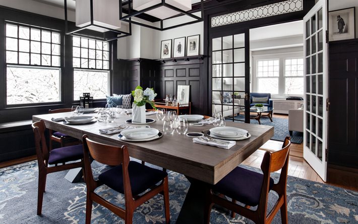 şık iç tasarım, daireler, yemek odası, oturma odası, klasik stil, ingiliz modern stil, siyah beyaz iç stil, oturma odası fikri, modern iç tasarım