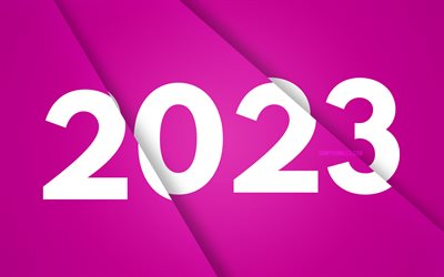 4k, 2023 felice anno nuovo, sfondo della fetta di carta viola, 2023 concetti, design del materiale viola, felice anno nuovo 2023, arte 3d, creativa, 2023 sfondo viola, 2023 anni, 2023 3d cifre