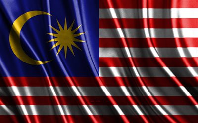 bandiera della malesia, 4k, bandiere 3d di seta, paesi dell asia, giorno della malesia, onde in tessuto 3d, bandiera malese, bandiere ondulate di seta, paesi asiatici, simboli nazionali malesi, malesia, asia