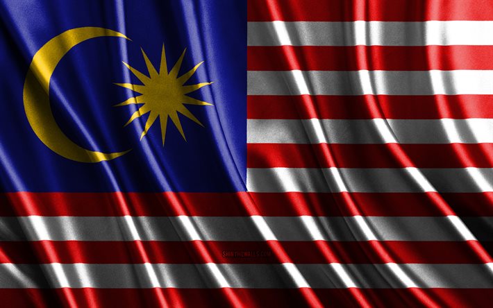 bandera de malasia, 4k, banderas 3d de seda, países de asia, día de malasia, ondas de tela 3d, banderas onduladas de seda, países asiáticos, símbolos nacionales de malasia, malasia, asia