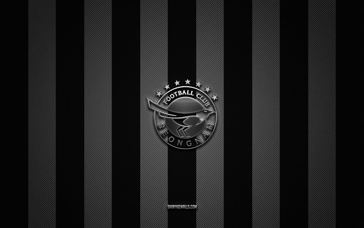 seongnam fc logo, südkoreanischer fußballverein, k league 1, schwarz -weiß -kohlenstoff -hintergrund, seongnam fc emblem, fußball, seongnam fc, südkorea, seongnam fc silver metal logo