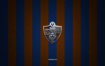 logo d ulsan hyundai, club de football sud-coréen, k league 1, blue orange carbon background, ulsan hyundai emblem, football, ulsan hyundai, corée du sud, ulsan hyundai silver metal logo