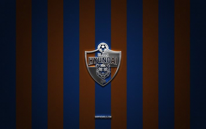 logotipo ulsan hyundai, clube de futebol sul -coreano, k league 1, fundo de carbono laranja azul, emblema de ulsan hyundai, futebol, ulsan hyundai, coréia do sul, logotipo de metal de prata ulsan hyundai