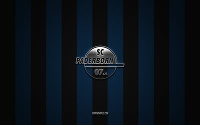 SC Paderborn 07 logo, German football club, 2 Bundesliga, blue white carbon background, SC Paderborn 07 emblem, football, SC Paderborn 07, Germany, SC Paderborn 07 silver metal logo