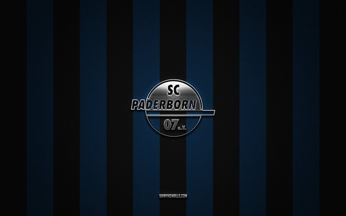sc paderborn 07 logo, club di calcio tedesco, 2 bundesliga, background di carbonio bianco blu, sc paderborn 07 emblema, calcio, sc paderborn 07, germania, sc paderborn 07 silver metal logo