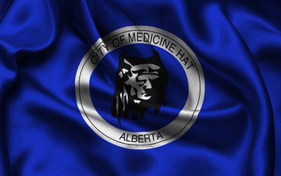 flag di cappello di medicina, 4k, città canadesi, bandiere di raso, day of medicine hat, bandiera di medicina, bandiere di raso ondulato, città del canada, medicina cappello, canada