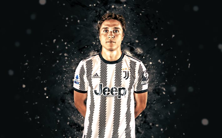 Federico Chiesa, 4k, white neon lights, Juventus FC, soccer, Serie A, italian footballers, Federico Chiesa 4K, black abstract background, football, Juve, Federico Chiesa Juventus FC