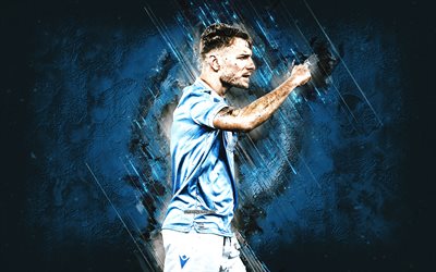 Ciro Immobile, SS Lazio, italian footballer, blue stone background, Serie A, football, Immobile Lazio