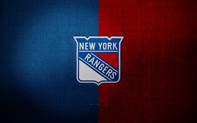شارة نيويورك رينجرز, 4k, خلفية النسيج الأحمر الأزرق, nhl, شعار نيويورك رينجرز, الهوكي, شعار الرياضة, علم نيويورك رينجرز, فريق الهوكي الأمريكي, نيويورك رينجرز