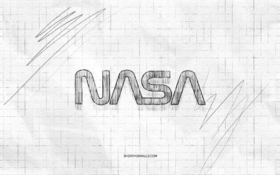NASA sketch logo, 4K, checkered paper background, NASA black logo, fashion brands, logo sketches, NASA logo, pencil drawing, NASA