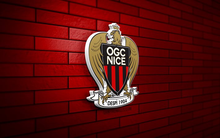 ogc nice 3d logo, 4k, red brickwall, ligue 1, futebol, clube de futebol francês, ogc nice logo, ogc nice emblem, football, ogc nice, logo de esportes, nice fc