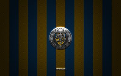 eintracht braunschweig logo, allemand football club, 2 bundesliga, fond du carbone jaune bleu, eintracht braunschweig emblem, football, eintracht braunschweig, allemagne, eintracht braunschweig silver metal logo