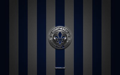SV Darmstadt 98 logo, German football club, 2 Bundesliga, blue white carbon background, SV Darmstadt 98 emblem, football, SV Darmstadt 98, Germany, SV Darmstadt 98 silver metal logo