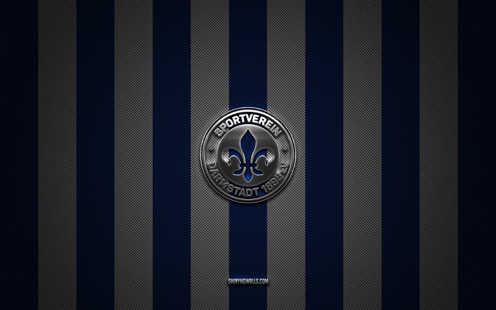 sv darmstadt 98 logo, deutscher fußballverein, 2 bundesliga, blue white carbon hintergrund, sv darmstadt 98 emblem, fußball, sv darmstadt 98, deutschland, sv darmstadt 98 silver metal logo