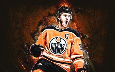 Connor McDavid, Edmonton Oilers, NHL, Canadian hockey player, orange stone background, National Hockey League, USA, hockey