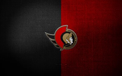 Ottawa Senators badge, 4k, red black fabric background, NHL, Ottawa Senators logo, Ottawa Senators emblem, hockey, sports logo, Ottawa Senators flag, canadian hockey team, Ottawa Senators
