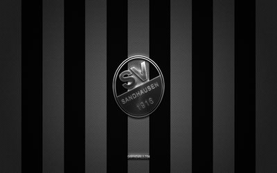 sv sandhausen logo, deutscher fußballverein, 2 bundesliga, schwarz -weiß -kohlenstoff -hintergrund, sv sandhausen emblem, fußball, sv sandhausen, deutschland, sv sandhausen silver metal logo
