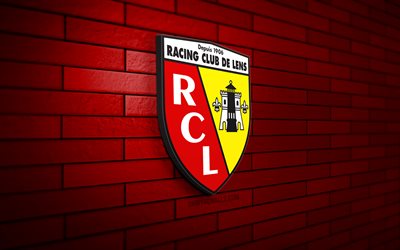 rc lens 3d logotipo, 4k, red brickwall, ligue 1, soccer, french football club, rc lens logotipo, rc lens emblem, football, rc lens, sports logo, lens fc