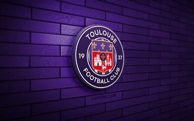 toulouse fc 3d -logo, 4k, violet brickwall, ligue 1, fußball, french football club, toulouse fc -logo, toulouse fc emblem, fc toulouse, sportlogo, toulouse fc