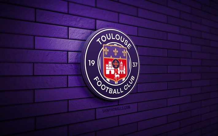 tolosa fc 3d logo, 4k, violet brickwall, ligue 1, soccer, french football club, toulouse fc logo, tolosa fc emblem, football, fc toulouse, sports logo, toulouse fc