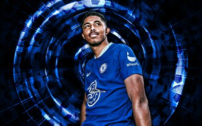 Wesley Fofana, 4k, Chelsea FC, blue abstract background, Premier League, soccer, french footballers, Wesley Fofana 4K, abstract rays, football, Wesley Fofana Chelsea