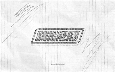 snickers sketch logo, 4k, fondo a cuadros, logotipo de snickers black, marcas, bocetos de logotipo, logotipo de snickers, dibujo a lápiz, snickers