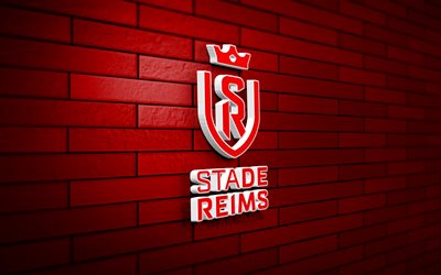 Stade de Reims 3D logo, 4K, red brickwall, Ligue 1, soccer, french football club, Stade de Reims logo, Stade de Reims emblem, football, Stade de Reims, sports logo, Reims FC